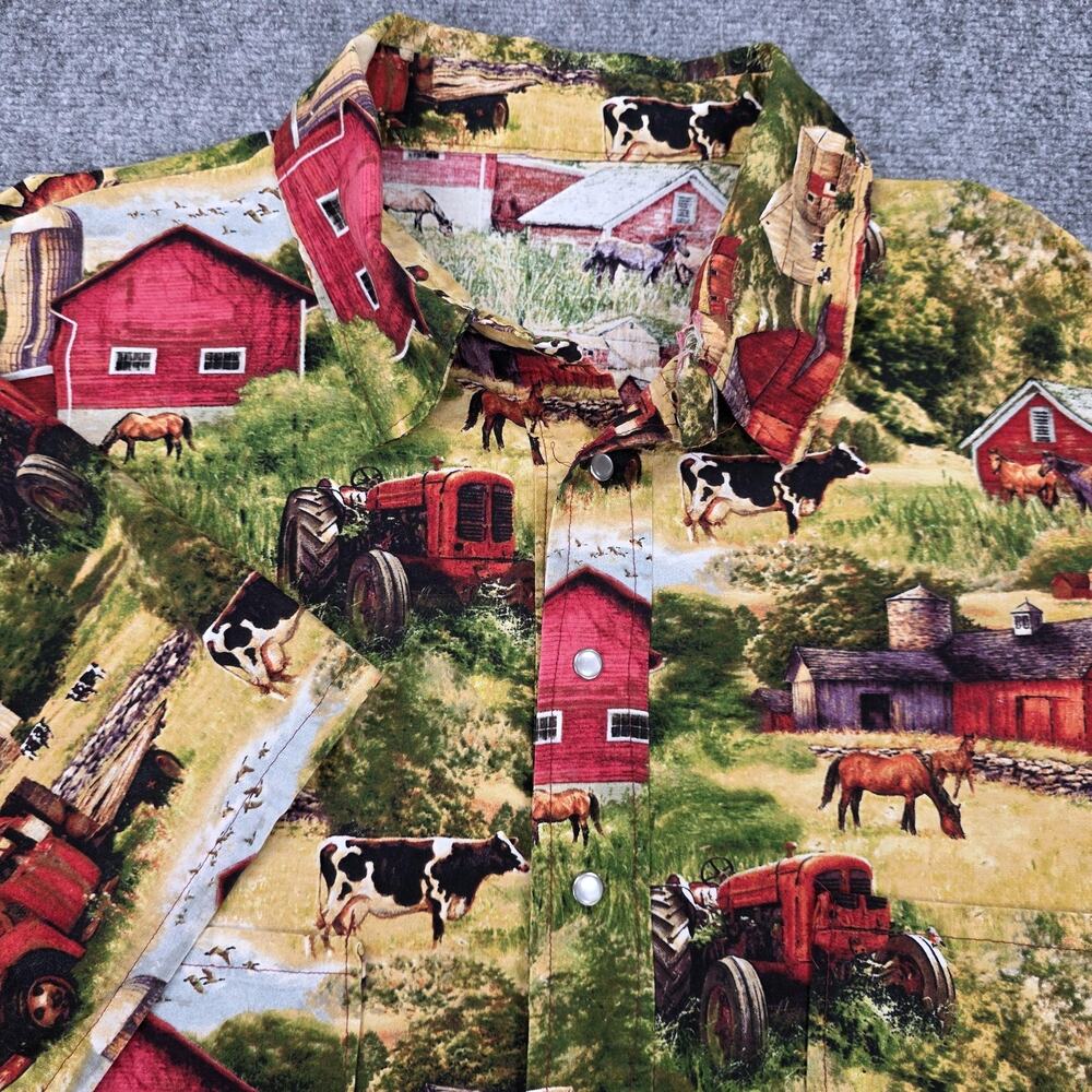 Farm Scene Shirt Mens 5XL 6XL Multicolor Western Pearl Snap Button Up Barn Print